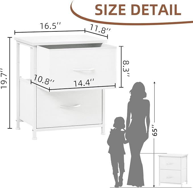Somdot White Nightstand Set of 2, Small Dresser for Bedroom with 2 Drawers, Bedside Table Night Stand End Table with Fabric Bins for Bedroom Kids Closet Dorm Guest Room, White Leather