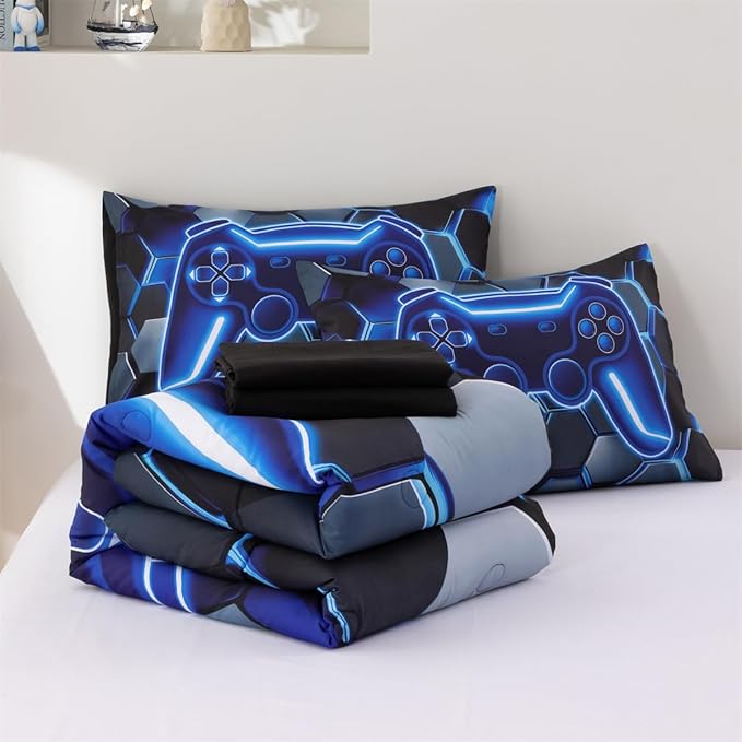 NTBED 3D Gaming Comforter Set for Boys Kids Teens,5pcs Gamer Bedding Sets with Sheet,Game Console Bed in a Bag (Blue, Full)