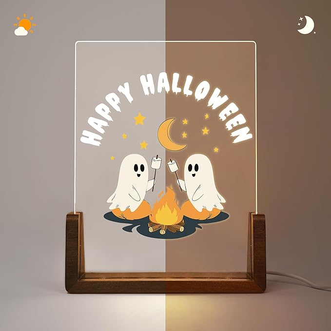Custom Ghost Campfire Night Light 6.4" | 7-Color LED, Personalized Text | Spooky Ghost Cute Halloween Décor Night Lights Gifts for Kids Family and Friends
