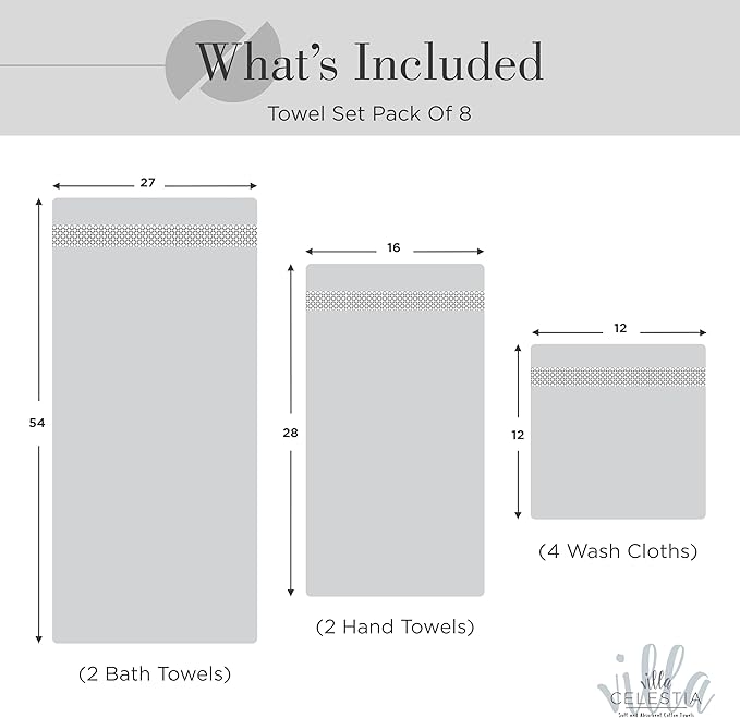 100% Combed Cotton Bathroom Towel Set of 8- 2 Bath Towels, 2 Hand Towels, 4 Wash Cloths, Sustainable, Soft, Highly Absorbent 8 Piece Cotton Bath Towel Set Ideal for Hotels, Spa, Bathroom, Dorm, Silver