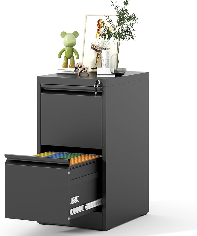 File Cabinet, Vertical File Cabinets with Lock for Home Office,Heavy Duty Office Steel Filing Cabinet for Hanging Letters/Legal/A4, Assembly Required (Black, 2 Drawers)