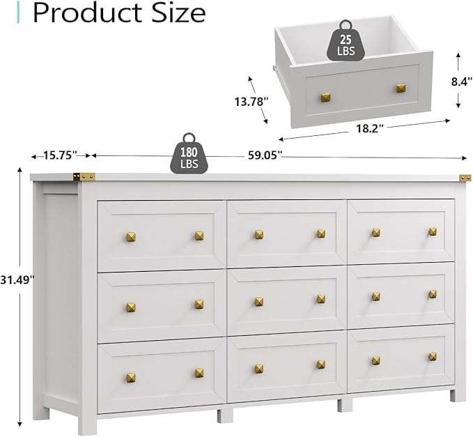 Dresser for Bedroom with 9 Drawers, Farmhouse Wood Chest of Drawers, Wide TV Stand Closet Storage Furniture with Metal Handle, Modern Clothes Organizer for Hallway, Living Room, Entryway, White