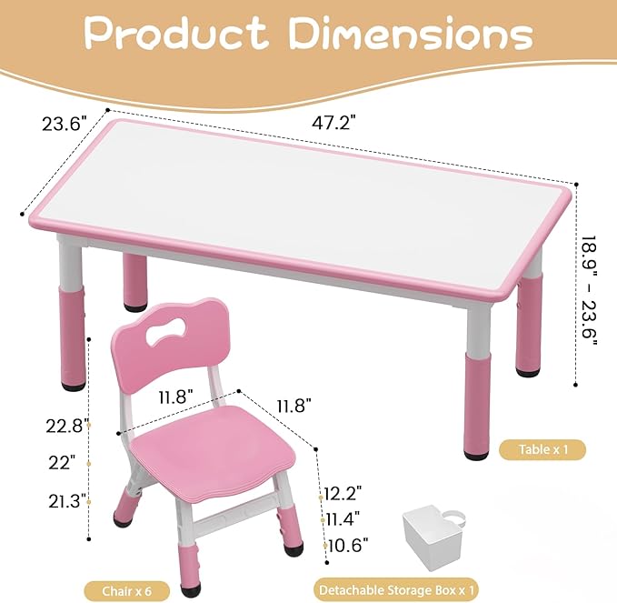GAOMON Kids Table and 6 Chair Set with Storage Box, Height Adjustable Toddler Table and Chairs Set for Ages 2-10, Graffiti Desktop, Non-Slip Legs, Children Activity Table for Daycare Classroom Home