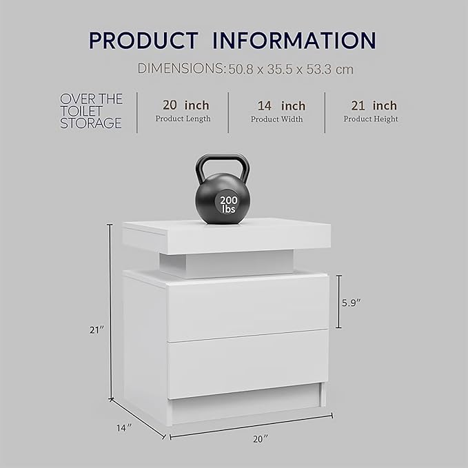 White Night Stand LED Nightstands with 2 Drawers Modern Bedside Table for Bedroom,Living Room