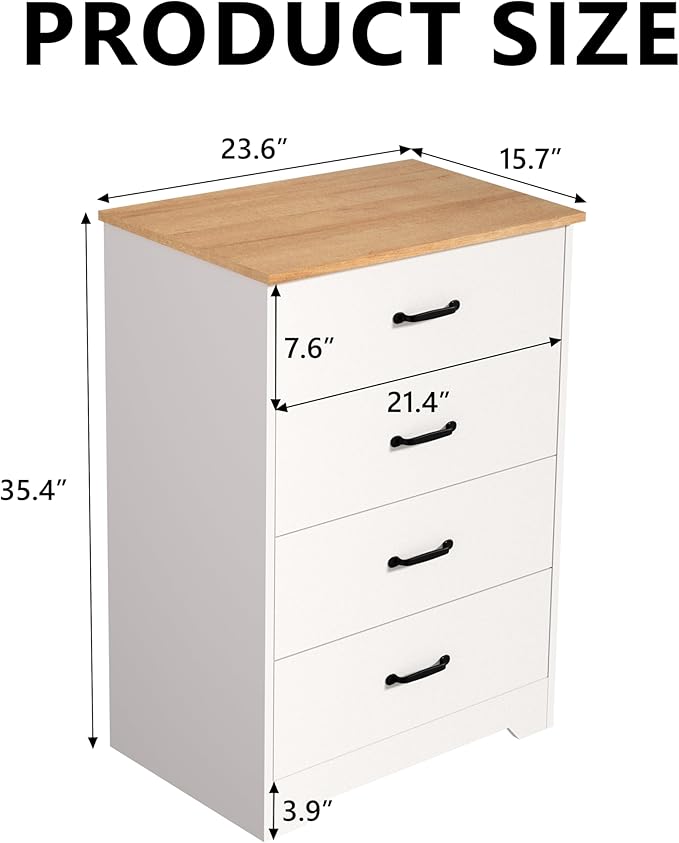 Farmhouse 4 Drawer Dresser, Small Wooden Chest of Drawers Classic White Dresser for Bedroom Living Room Entryway (White, 4 Drawer)