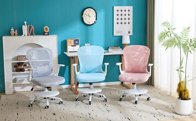 Kids Desk Chair Ergonomic Study Chair Swivel Mesh Desk Chair with Adjustable Arm Height Footrest Wheel Computer Home Office Chair for Children Boys Girls Students Bedroom School Age 5-13 Pink