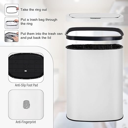PayLessHere 13 Gallon Trash Can Kitchen Trash Can Automatic Garbage Can with Lid Touch Free High-Capacity Motion Sensor for Kitchen Bedroom Bathroom Office Trash Bin (1, White Stainless Steel)