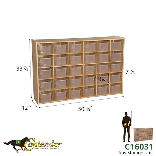 Contender Cubby Storage Organizer Cubes, 30 Cubbies with Clear Plastic Bins, Wood Furniture for Kids Toys, Daycare, Classroom, 47-inch Width