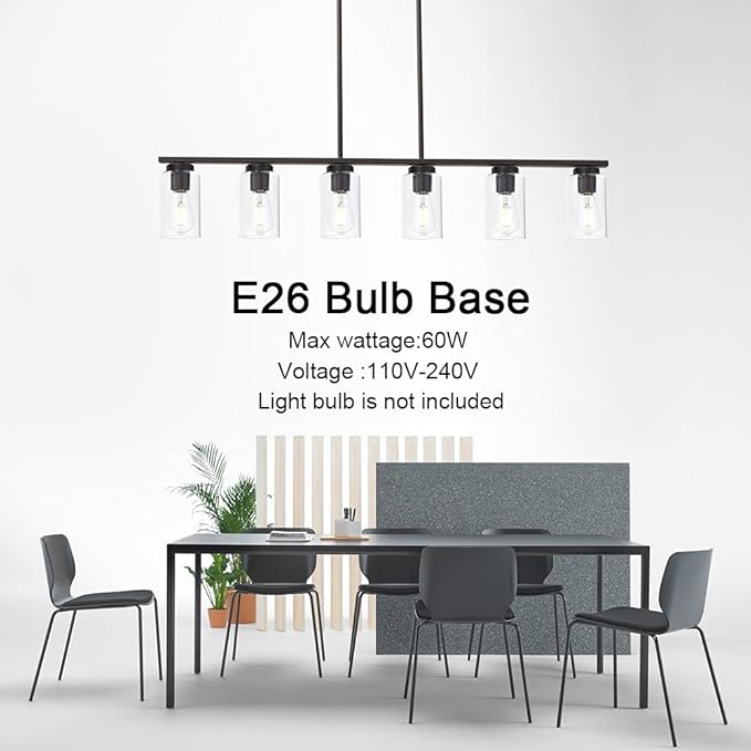 6-Light Kitchen Island Lighting Fixtures, Clear Glass Farmhouse Pendant Lights Hanging Chandelier in Oil Rubbed Bronze for Dining Room Table Cafe Bar