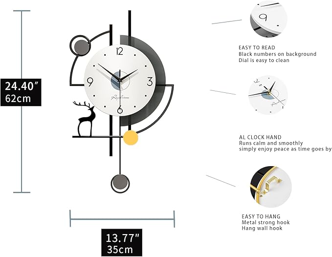 FLEBLE Large Wall Clocks for Living Room Decor Modern Pendulum Wall Clock Silent Quartz Battery Operated Non-Ticking for Bedroom Kitchen Office 24inch Black Metal Deer Clock Wall Decor for Home Indoor