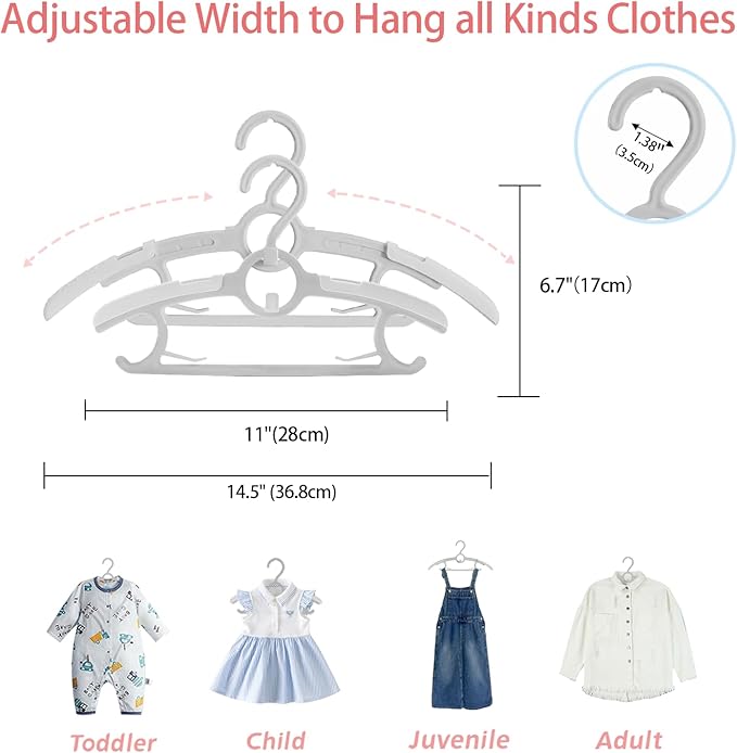 ManGotree Baby Hangers for Nursery Closet, 11''-14.5'' Adjustable Non-Slip Kids Hangers, Space Saving Stackable Plastic Hanger for Baby Toddler Children Kids Teen (20 Pack, Grey)