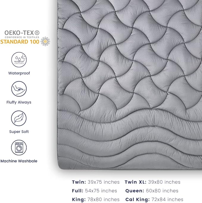 SLEEP ZONE Grey Waterproof Mattress Pad King Size, Premium Soft Embossed Mattress Topper, Quilted Fitted Mattress Protector Cover with Elastic Deep Pocket (Grey, King)