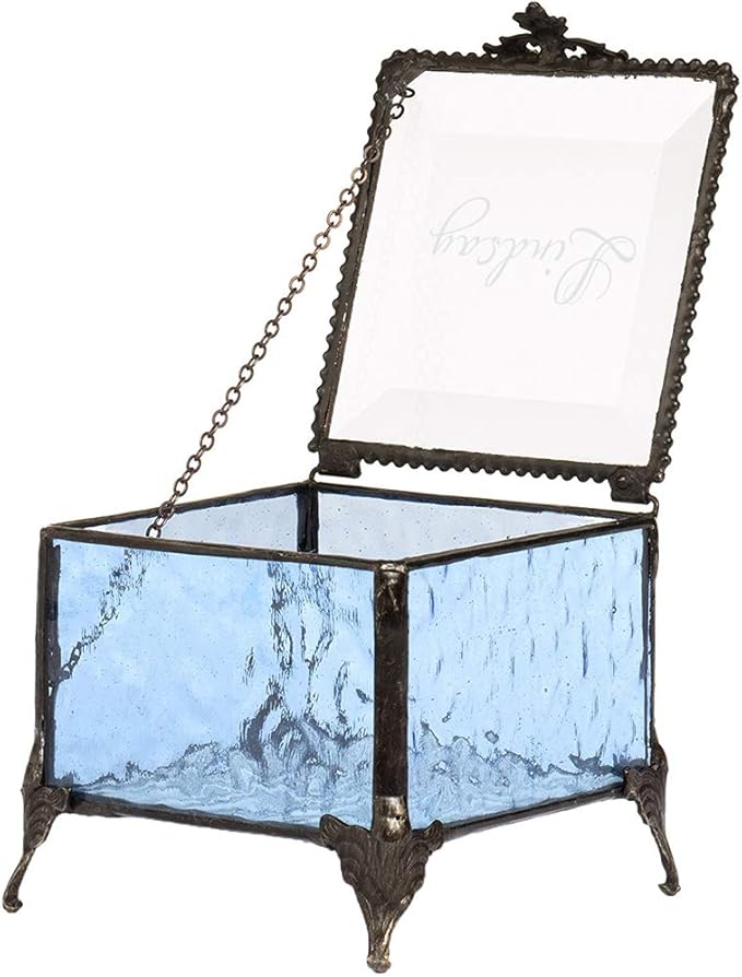 Personalized Blue Glass Box Decorative Vanity Display Case Storage Jewelry Organizer Keepsake Gift for Her Girl Women Vintage Decor J Devlin Ellen Box 837 EB245