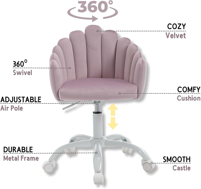 LukeAlon Kids Cute Swivel Desk Chair, Velvet Child Study Chair with Rolling Wheels and Arms, Comfy Upholstered Height Adjustable Teen Vanity Chair for Home Bedroom School, Purple