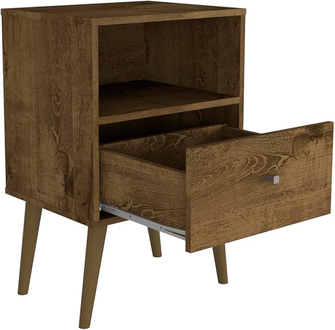 Manhattan Comfort Liberty Mid Century Modern Nightstand with Drawer and Cubby, Bedside Table for Bedroom and Living Room, Night Stand Accent Decor, Easy Assembly, Rustic Brown