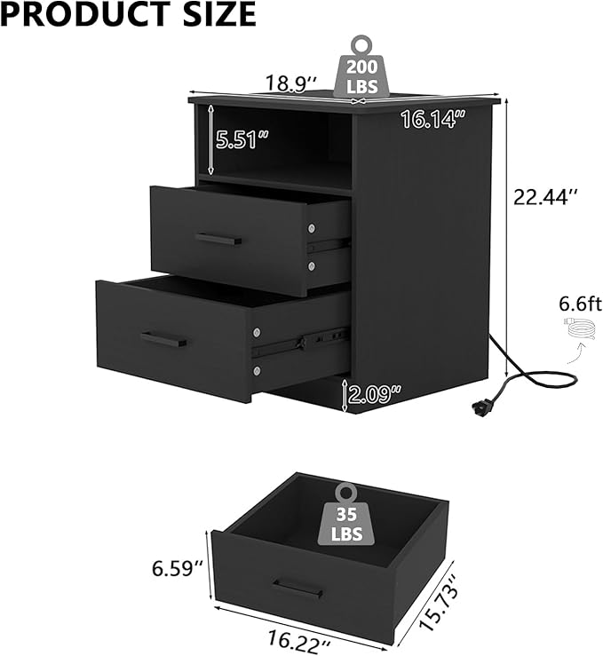 Night Stand with Charger Station, Modern Nightstand with USB Type-C Ports and AC Outlets, Large Bedside Table with 2 Drawers and Open Storage, Wooden End Table for Bedroom (Black, 2 Drawers)