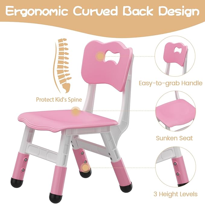 GAOMON Kids Chair, 3 Level Height Adjustable Kid Chair, Plastic Toddler Chairs for Children Boys Girls Age 2-6, Suitable for Home Family Classroom Nursery Indoor Use (2 Pack, Pink)