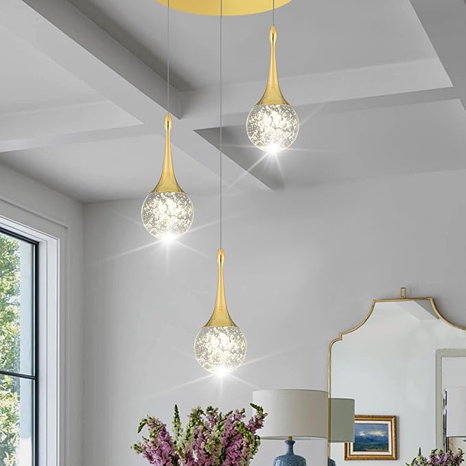 Flashing God 3 Pendant Lights Gold Farmhouse Light Fixtures Kitchen Island Lighting Small Crystal Hanging Chandeliers Modern Ceiling Pendant Light for Dinning Room Bedroom Hallway Bar
