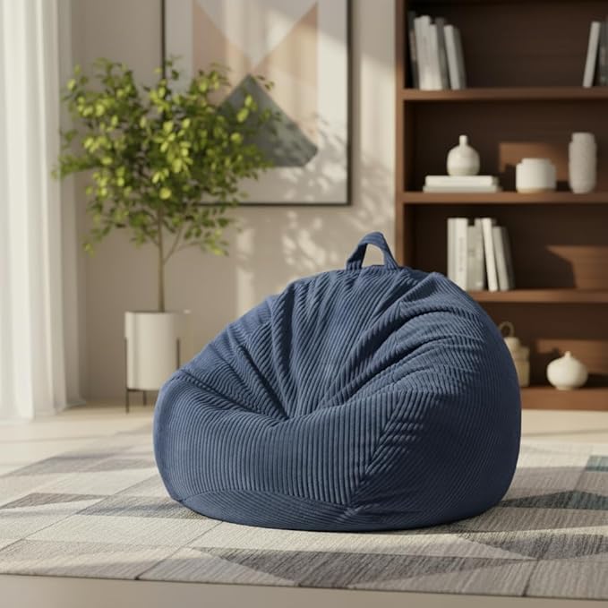 Stuffed Animal Storage Bean Bag Chair Cover, Cover Only (No Filler), Corduroy Toy Organizer Floor Cushion Seat, 48 in/120 cm Slipcover for Teens & Adults, Blue