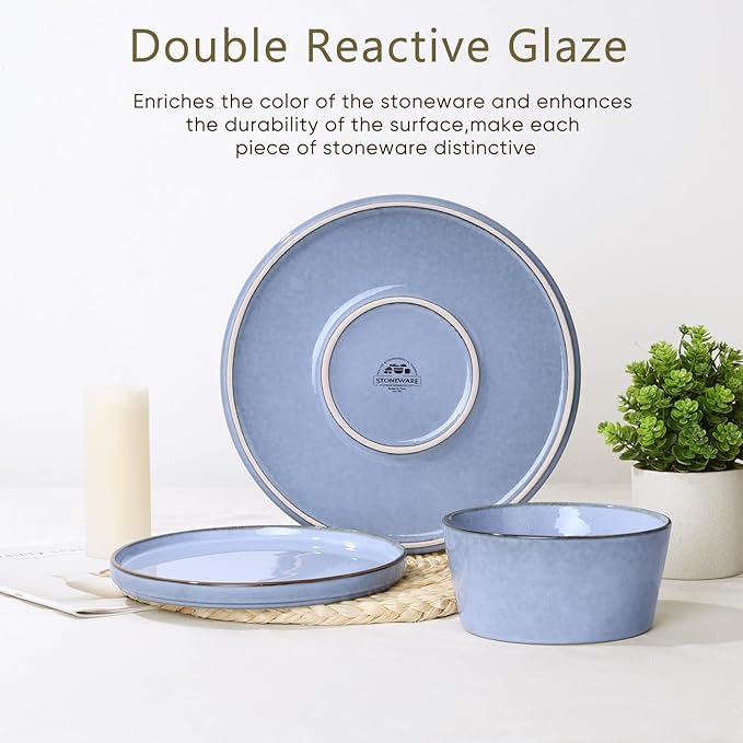 Herogo 12-Piece Stoneware Dinnerware Set for 4, Dinner Plates and Bowls Sets, Double Reactive Glaze Dishware Place Setting for Kitchen, Scratch Resistant, Microwave Safe, Haze Blue
