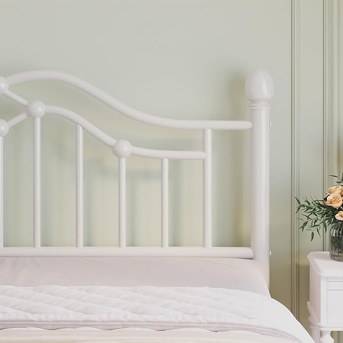 Queen Size Bed Frame, Metal Platform Bed with Victorian Headboard and Footboard, Strong Metal Slats Support, Mattress Foundation No Box Spring Needed, Easy Assembly, Noise Free, White