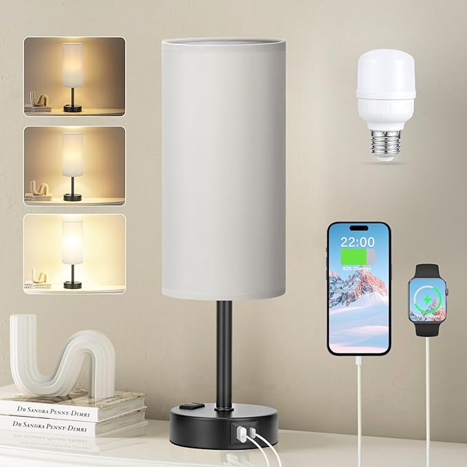 Grey Touch Bedside Lamp for Bedroom - 3 Way Dimmable Table Lamp USB C Charging Ports and AC Outlet, Small Desk Lamp for Living Room, Office, LED Bulb Included