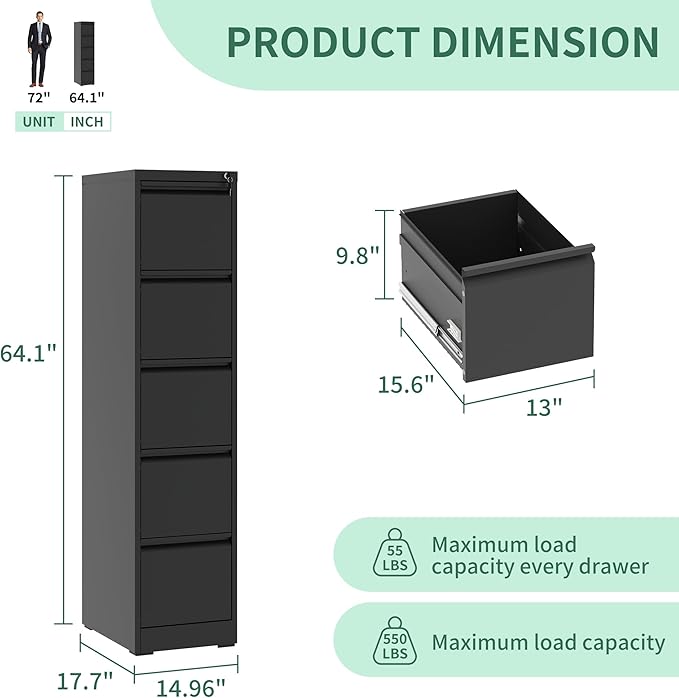 File Cabinet, Vertical File Cabinets with Lock for Home Office,Heavy Duty Office Steel Filing Cabinet for Hanging Letters/Legal/A4, Assembly Required (Black, 5 Drawers)