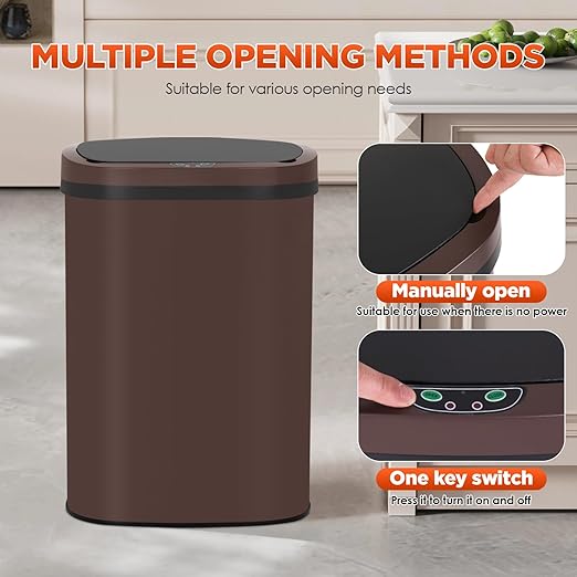 PayLessHere 13 Gallon Trash Can Kitchen Trash Can Automatic Garbage Can with Lid Touch Free High-Capacity Motion Sensor for Kitchen Bedroom Bathroom Office Trash Bin (1, Brown Stainless Steel)
