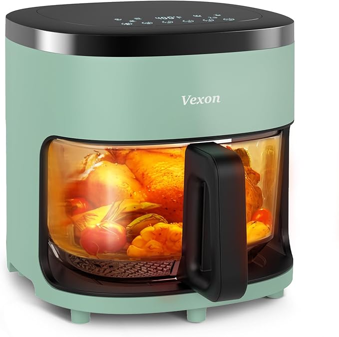 6-IN-1 Glass Air Fryer,4.5QT Air Fryer with Viewing Glass Pot, Air Fry, Dehydrate, Air Crisp Technology,Nonstick & Dishwasher Safe Basket,97% Less Oil,Features Digital Timer (Green)