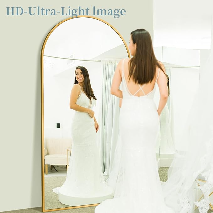 Full Length Mirror with Stand, 72"x44" Arched Full Body Mirror, Large Stand Up Aluminum Frame Floor Freestanding Hanging Leaning Mounted for Bedroom Living Room Entryway Gold
