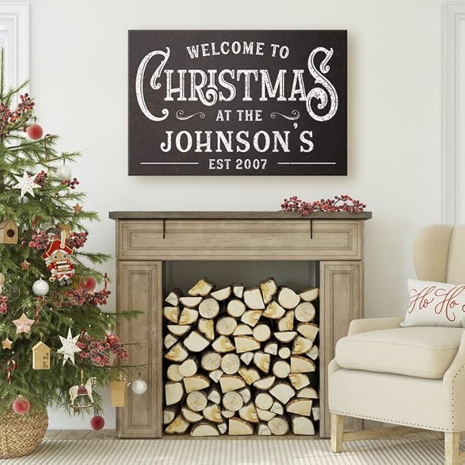 Milweb1 Personalized Family Name Welcome To Christmas/Rustic Vintage Farmhouse Holiday Decor Canvas Sign Holiday Decorations Wall Decor Print (32"x48")