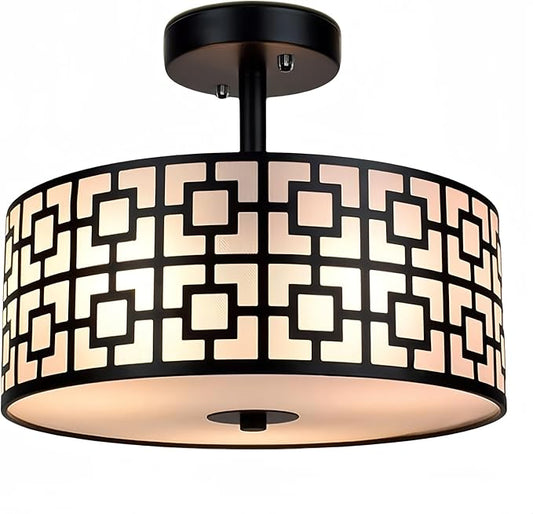 DLLT Flush Mount Ceiling Light: Modern 3-Light Semi Flush Mount Ceiling Light Fixture - Drum Kitchen Lighting Fixture for Dining Room - Black Bedroom Ceiling Lamp with Double Shade