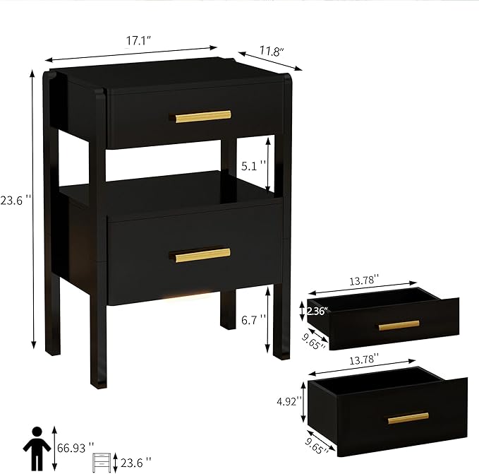 Nightstand with 2 Drawers and Open Shelf Wood Bedside Table Gold Handles Storage Night Stand with Light for Bedroom, Black