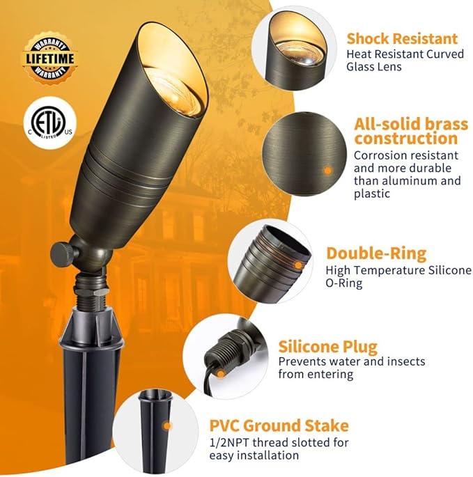 Brass Landscape Lighting Kit (4 Pack LED Spotlights) with 75W Low Voltage Transformer and Mechanical Timer and 100 Feet Cable and 20 Pack Wire Connectors for Outdoor Garden Patio