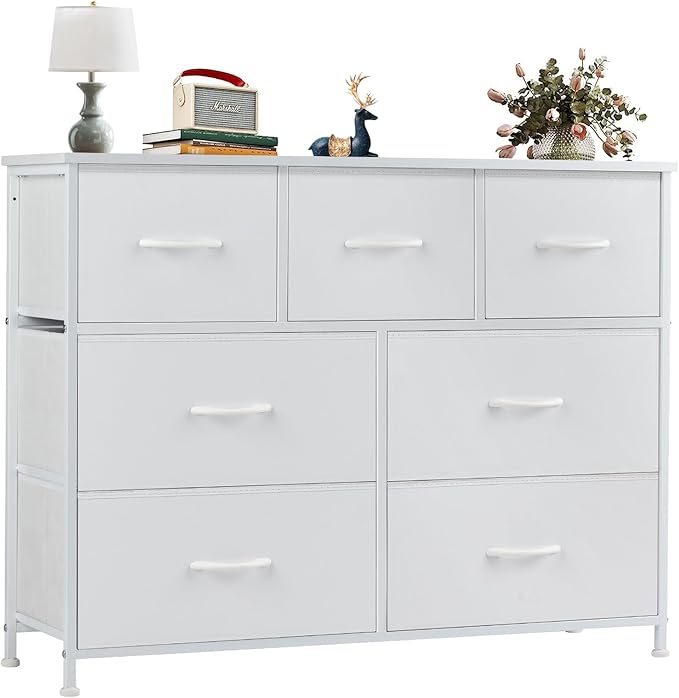 OLIXIS Dresser for Bedroom, 7 Storage Drawers, Wide Fabric Closet Chests Organizer Tower Furniture, TV Stand with Wooden Top Metal Frame for Clothes, Living Room, Hallway, Entryway, Classic White