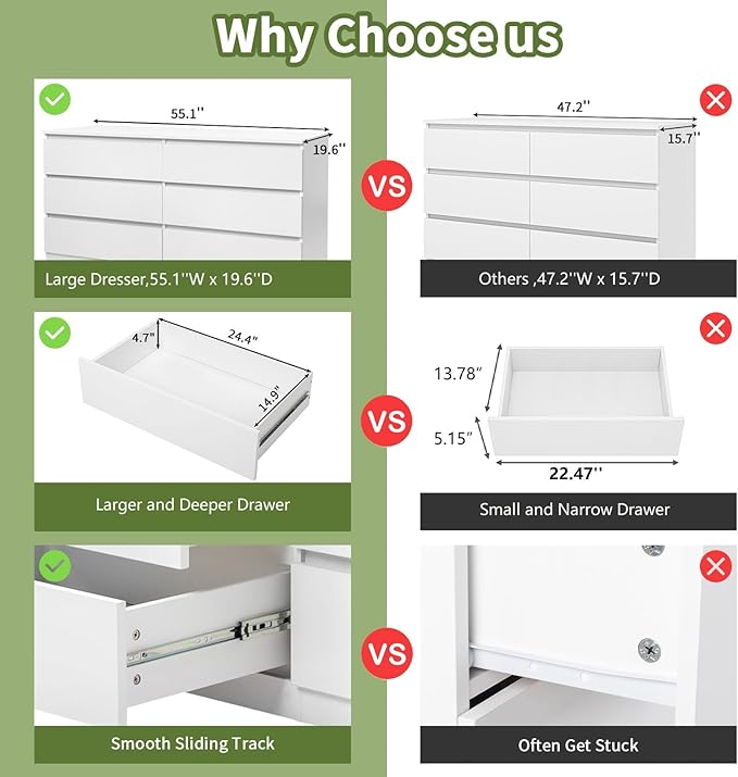White Dresser for Bedroom,55'' Modern Large 6 Drawer Dresser with Deep Drawer,Storage Wide Chest of Drawer,Wood Bedroom Storage Furniture with No Handle Design