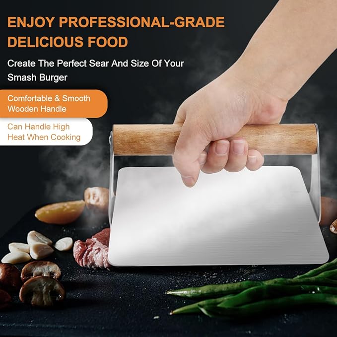 Smash Burger Press,Wood Handle -Anti Scald Non Stick Smooth, Stainless Steel Non Stick Grill Press,Ideal for Flat Top Griddle,Cookouts,Cooking,BBQ - Rectangle Kitchen Tool（5.51X2.95 Inch）