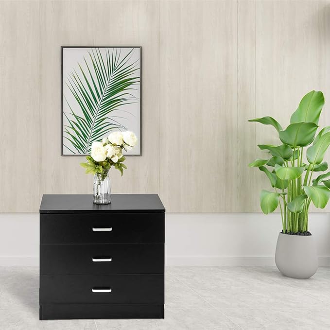 Black Night Stand, Bedside Table/Nightstand with 3 Drawers, Compact Side Table for Bedroom, College Dorm & Living Room, Wooden End Table Bedroom