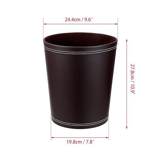 Sumnacon Round Leather Waste Basket,Small Classic PU Trash Garbage Can Under Desk Cabinet, Contemporary Wastebasket Bin for Home Office Laundry Room Living Room Bathroom Office,Brown