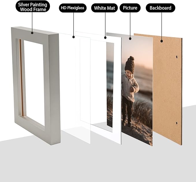KINLINK 4x6 Picture Frame Light Grey, Solid Wood Frames with Acrylic Plexiglass for Pictures 3.5x5 with Mat or 4x6 without Mat, Tabletop and Wall Display Photo Frame, Set of 4