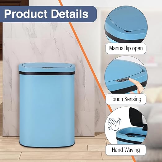 PayLessHere 13 Gallon Trash Can Kitchen Trash Can Automatic Garbage Can with Lid Touch Free High-Capacity Motion Sensor for Kitchen Bedroom Bathroom Office Trash Bin (1, Blue Stainless Steel)