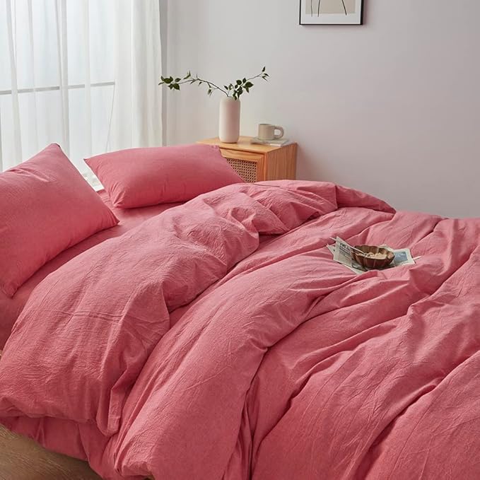 FACE TWO FACE Bedding Duvet Cover Set100% Washed Cotton Duvet Cover Linen Like Textured Breathable Durable Soft Comfy (Full,Red)