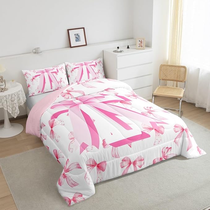 jejeloiu Kids Girls Cute Pink Bow Comforter Set Twin Size Monogrammed Bedding Set Ultra Soft Personalized Initial T Duvet Quilt Coquette Bow Knot Quilt Set Room Decor Modern Fashion Comforter