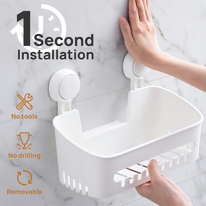 LEVERLOC Shower Caddy Suction Cup 2 Pack, Shower Organizer Removable Bathroom Shelf, Storage Suction Powerful Max Hold 22lbs Bathroom Caddy Waterproof Holder, White