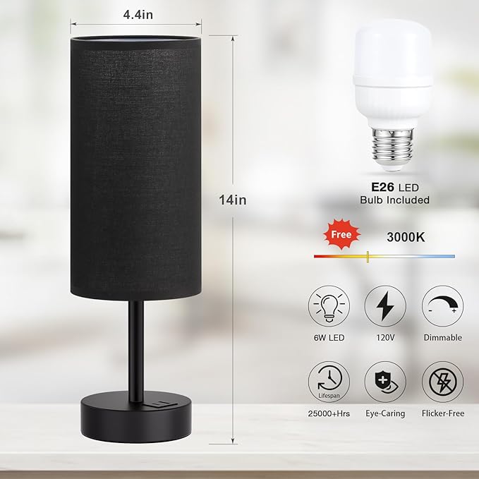 Black Touch Bedroom Lamp with USB - 3 Way Dimmable Table Lamp for Bedroom, Nightstand Lamp with Black Charging Station for Desk Dorm, Office, Boy Kids Room, Small