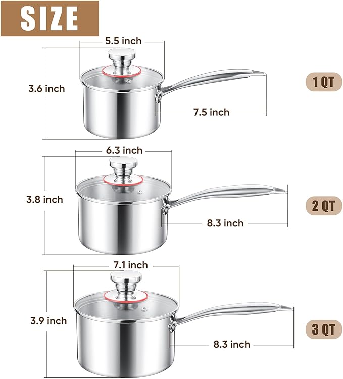 1/2/3QT Saucepan with Lid Set of 3, E-far 18/10 Stainless Steel Sauce Pan Pot Metal Triply Cookware for Kitchen Cooking Pasta Warming Milk Boiling Water, Induction Ready & Heavy Duty
