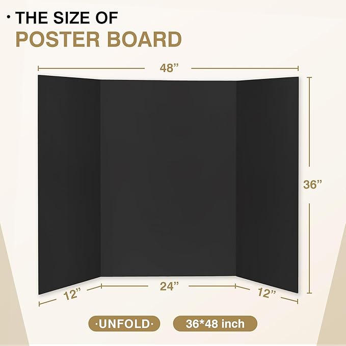 Chell 36" x 48" Large Trifold Poster Board, 4 Pack, Black Corrugated Project Boards for Science Fair, School Projects, Event Displays and Business Presentations