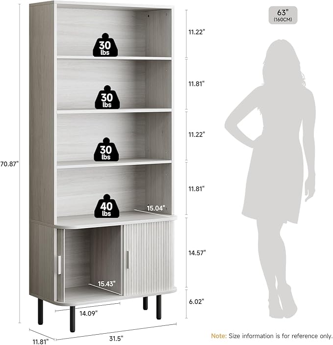71" Tall Bookshelf, 4-Tier Bookcase with Storage Cabinet & Adjustable Shelves, Freestanding Wood Bookshelf with Sliding Door and Adjustable Footpad, for Home Office, Living Room, Natural White