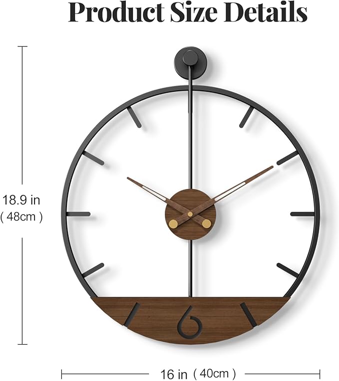 16 Inch Wall Clock with Walnut Wood Dial, Modern Decorative Clock Silent Non-Ticking Battery Operated Metal Frame for Living Room, Kitchen, Office, or Bedroom Wall Decor, Black and Brown