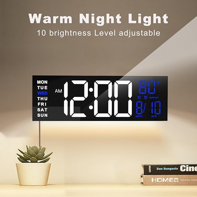 JALL 16" Large Digital Wall Mount Clock, Count Down Timer, Alarm, Big LED, RGB Color, DST, Temperature for Living Room Classroom Desk, Xmas, Birthday Gift for Senior Mom Dad (White Blue, 16 inches)